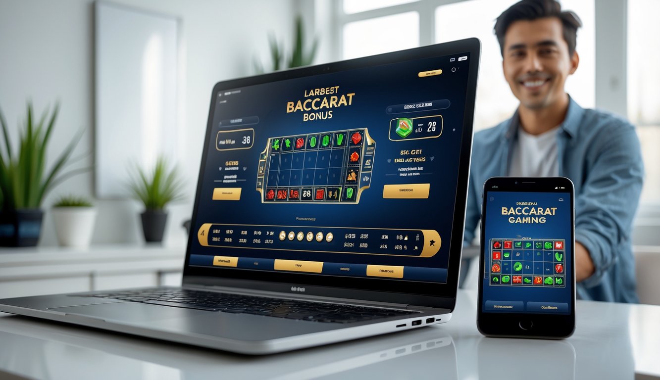 Seorang dewasa muda tersenyum melihat layar laptop yang menampilkan permainan baccarat online dengan ponsel di sampingnya di sebuah ruang kerja rumah yang rapi.