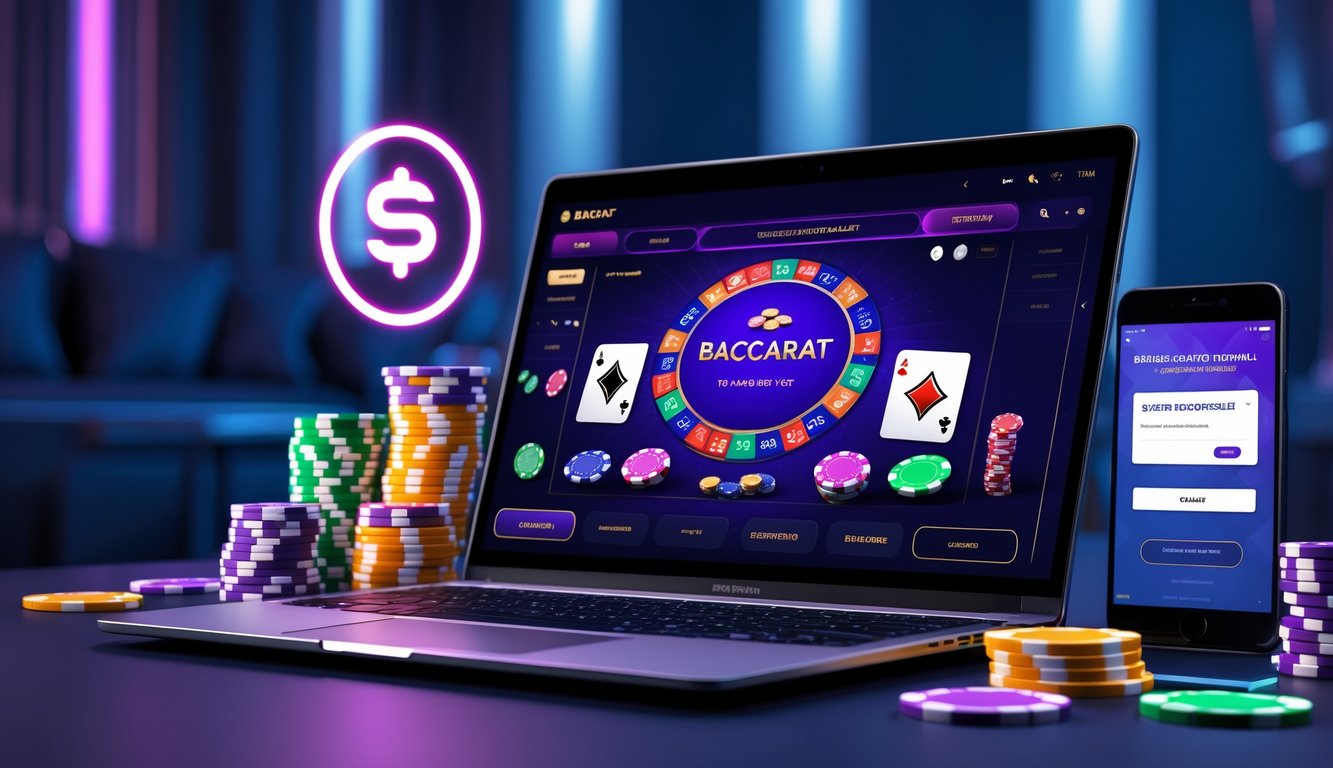Seorang pemain menggunakan laptop dengan permainan baccarat online, dikelilingi oleh chip kasino dan ikon dompet digital yang menunjukkan transaksi deposit.