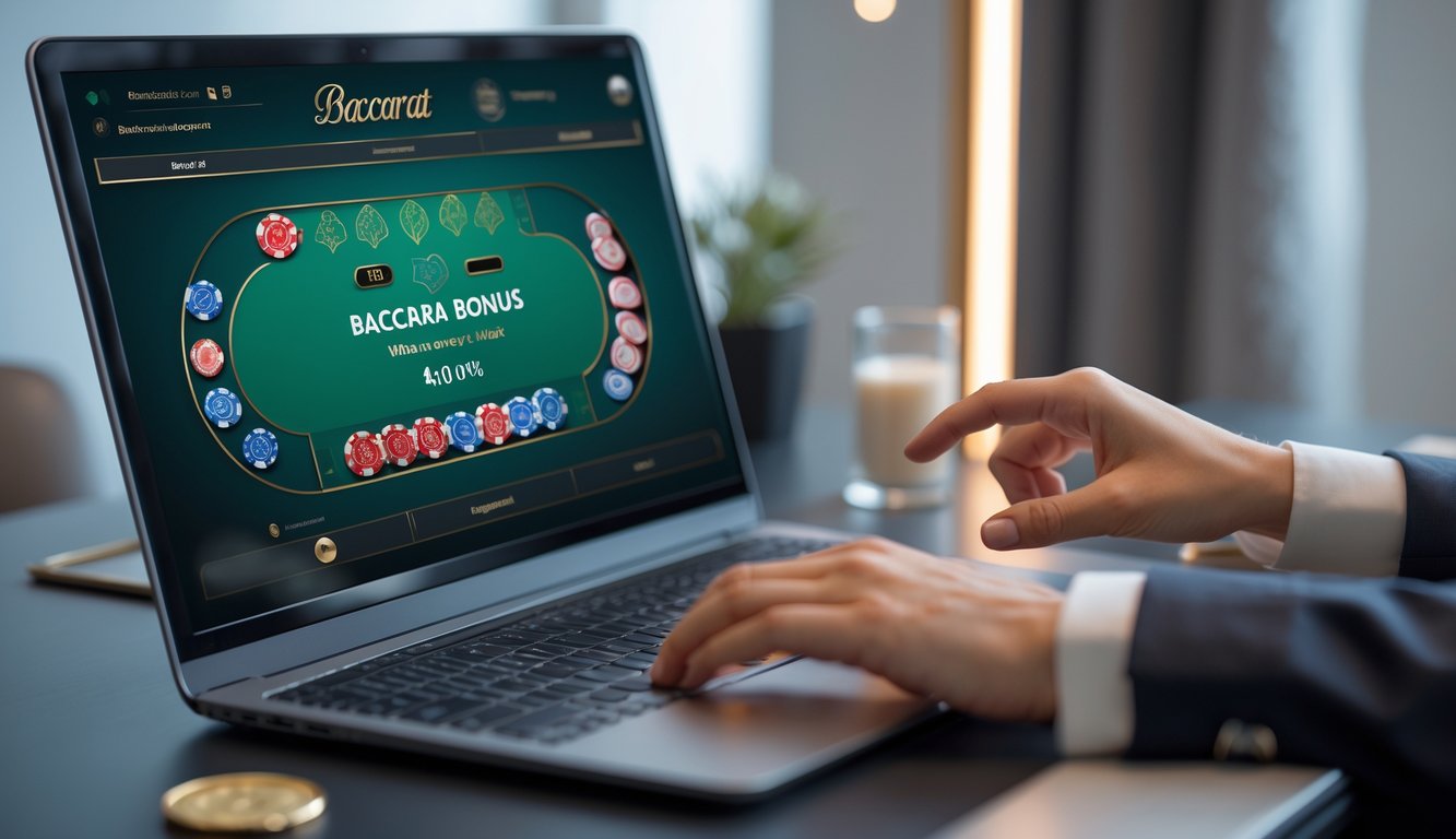Seorang pemain sedang menggunakan laptop untuk bermain baccarat online di meja kerja yang rapi dan terang.