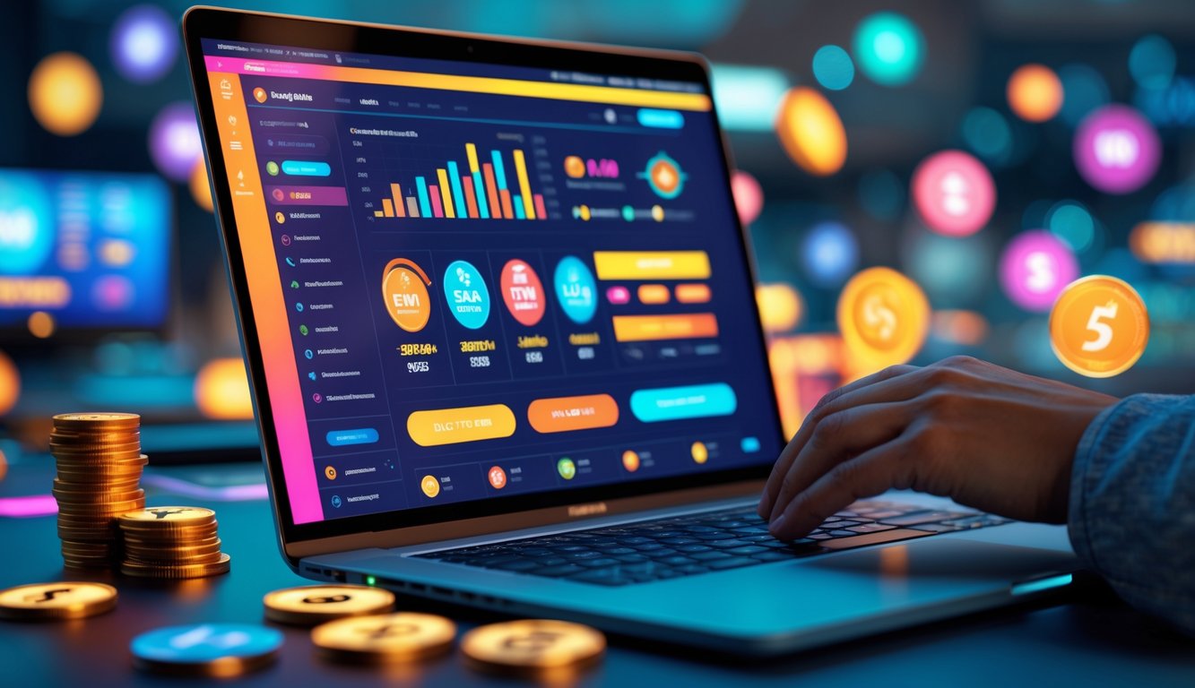 Seseorang menggunakan laptop di meja kerja dengan tampilan situs togel online dan elemen-elemen terkait permainan dan bonus di sekitarnya.