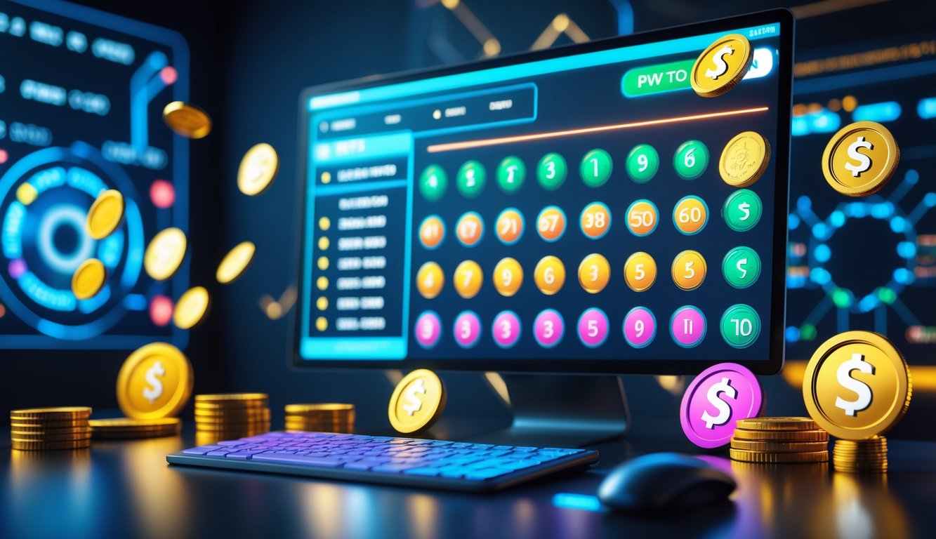 Sebuah meja kerja modern dengan layar komputer menampilkan angka togel dan grafik warna-warni, dikelilingi koin emas dan ikon digital yang melambangkan bonus besar dan kemenangan.