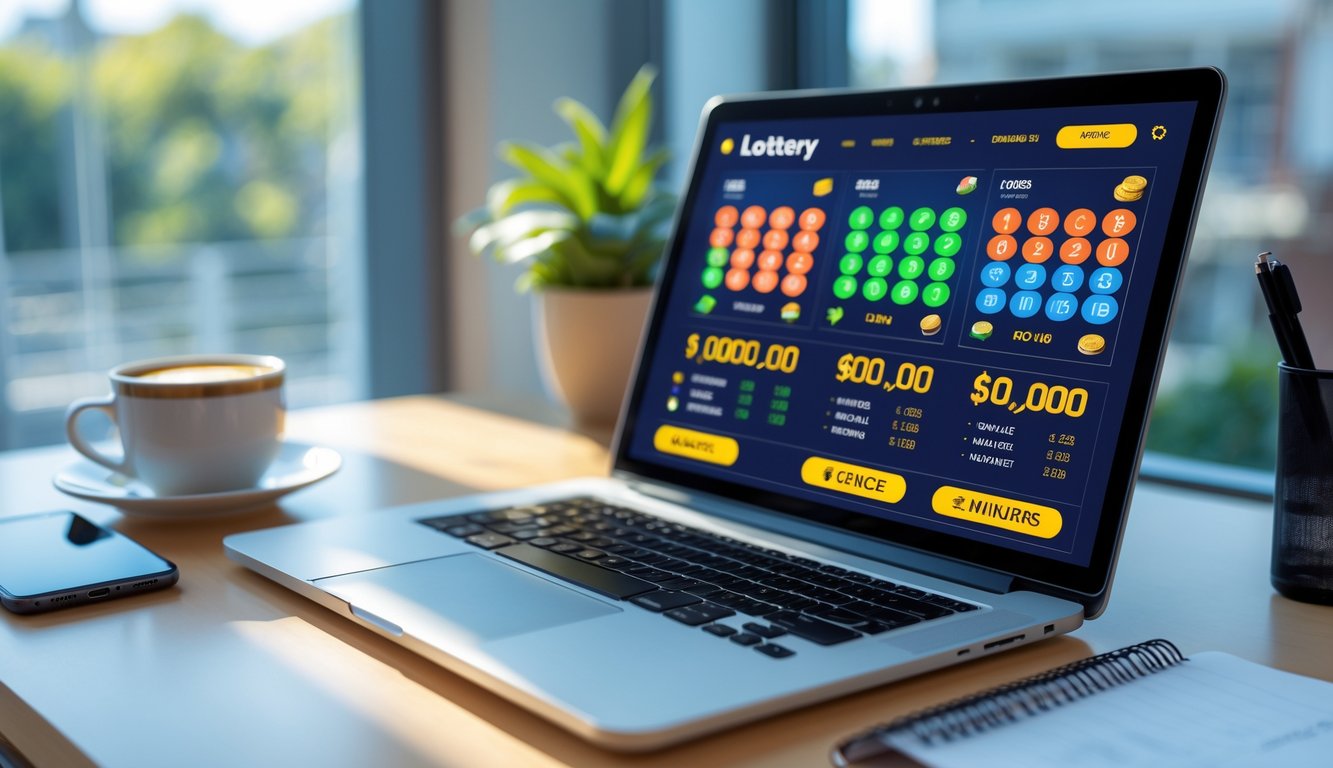Meja kerja modern dengan laptop yang menampilkan antarmuka situs togel online, cangkir kopi, ponsel, dan buku catatan di bawah cahaya alami.