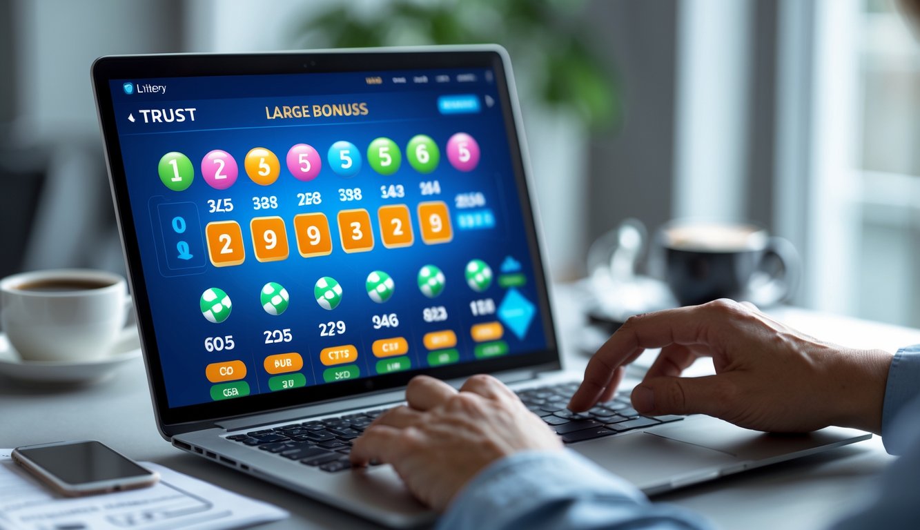 Seseorang menggunakan laptop dengan tampilan situs togel online di meja kerja dengan kopi dan ponsel di sampingnya.