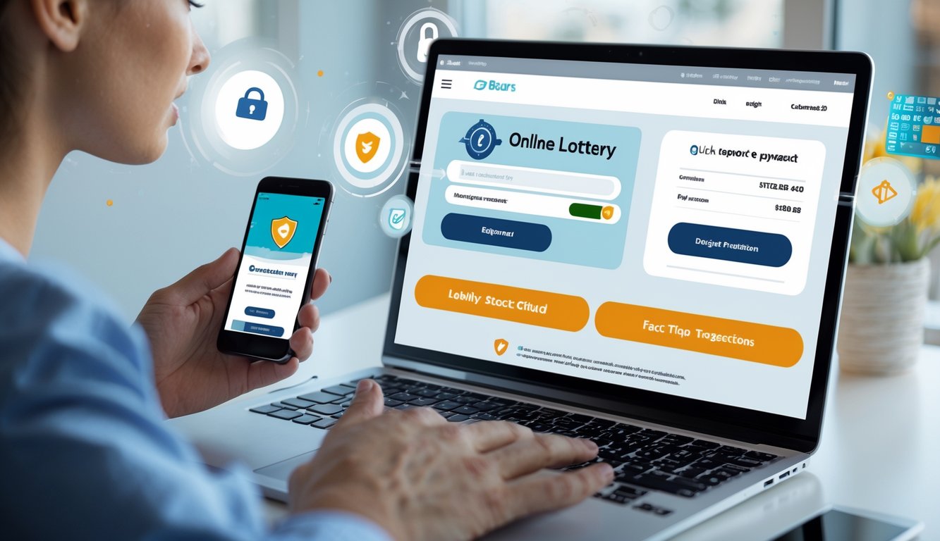 Seseorang menggunakan laptop dan ponsel di meja kerja modern dengan ikon keamanan dan kecepatan di latar belakang.