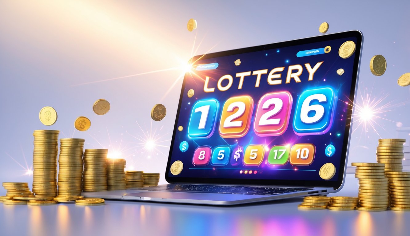 Sebuah perangkat digital menampilkan antarmuka lotere dengan angka dan simbol jackpot yang berwarna-warni, dikelilingi oleh tumpukan koin emas dan efek cahaya yang berkilau.