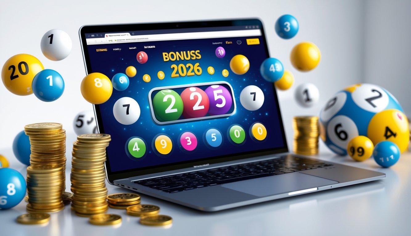 Meja kerja dengan laptop yang menampilkan situs togel online, dikelilingi bola togel, uang, dan koin.