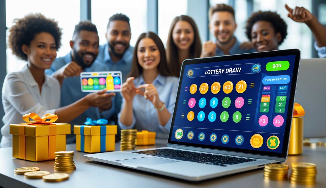 Orang-orang yang sedang menggunakan komputer dengan antarmuka undian langsung dan simbol bonus di lingkungan kerja modern.