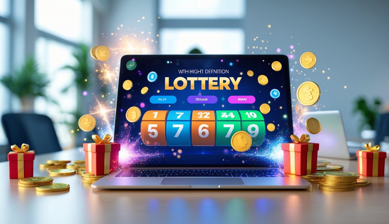 Seseorang menggunakan komputer dengan tampilan undian togel online yang sedang berlangsung dan simbol bonus di sekitarnya.