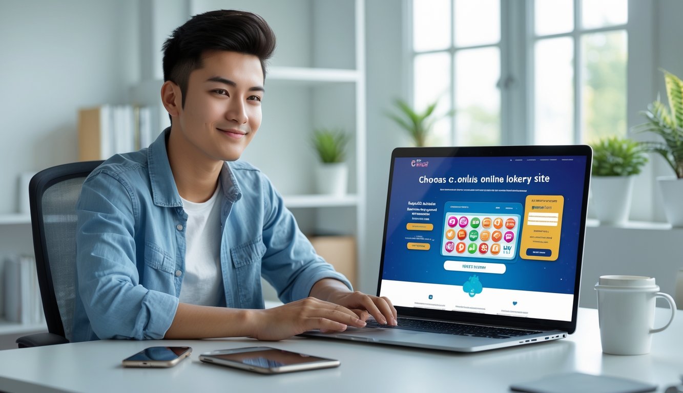 Seorang dewasa muda duduk di meja kerja modern dengan laptop terbuka, tampak fokus dan puas saat menjelajah situs togel online di ruang kerja rumah yang terang dan rapi.