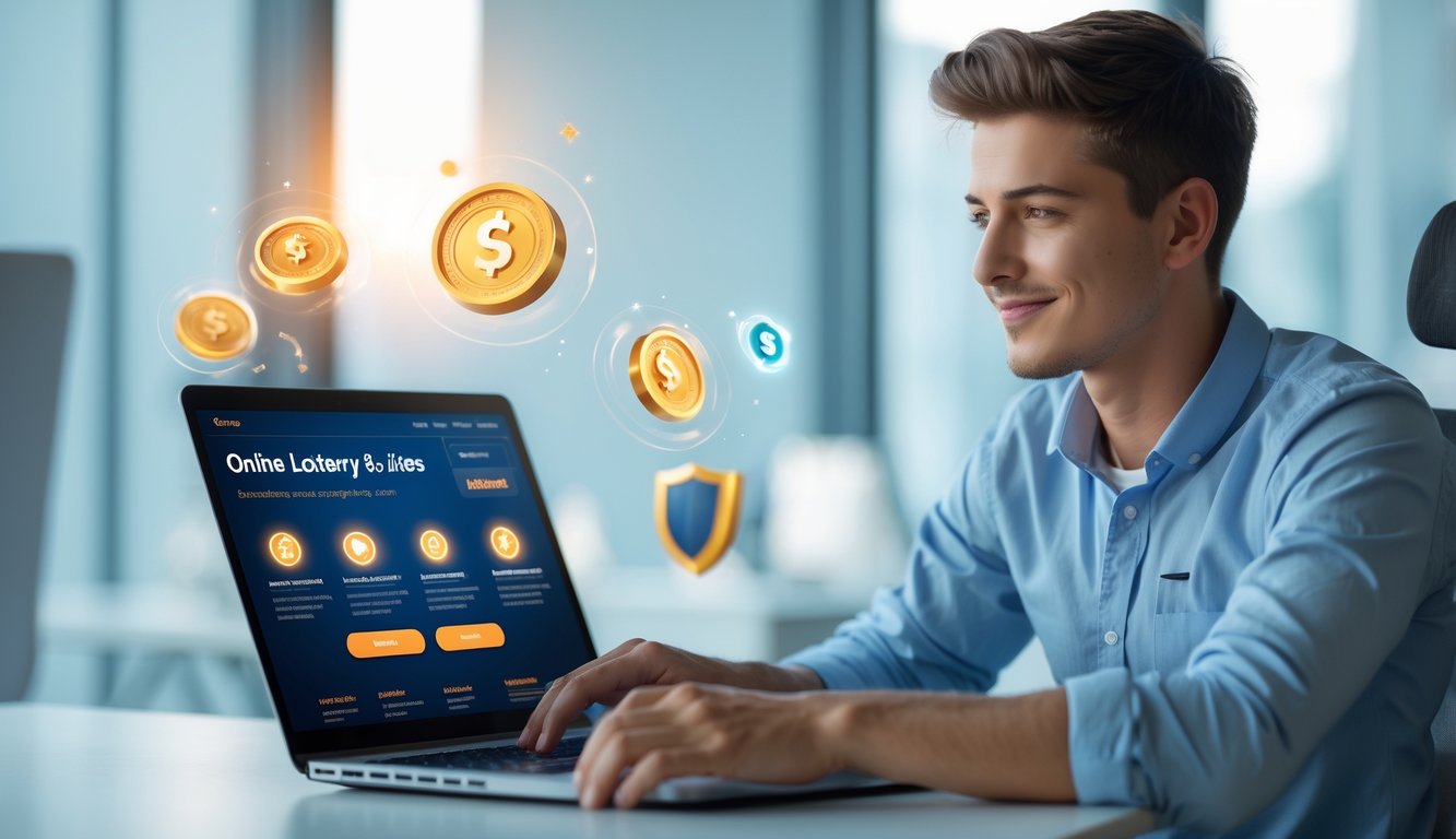 Seorang dewasa muda duduk di meja modern menggunakan laptop untuk memilih situs togel online terpercaya dengan bonus besar.