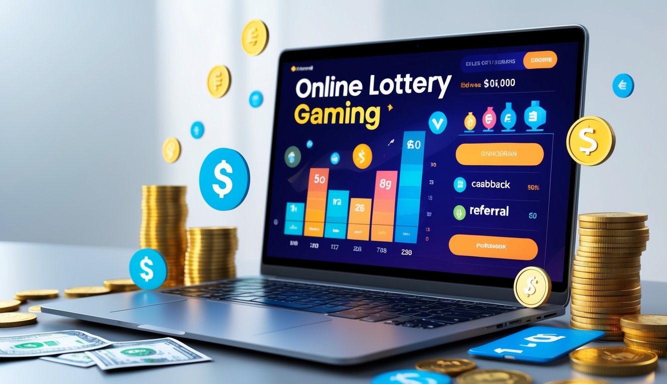 Seorang pria menggunakan laptop dengan tampilan antarmuka permainan togel online yang menampilkan grafik dan simbol bonus di meja kerja modern.