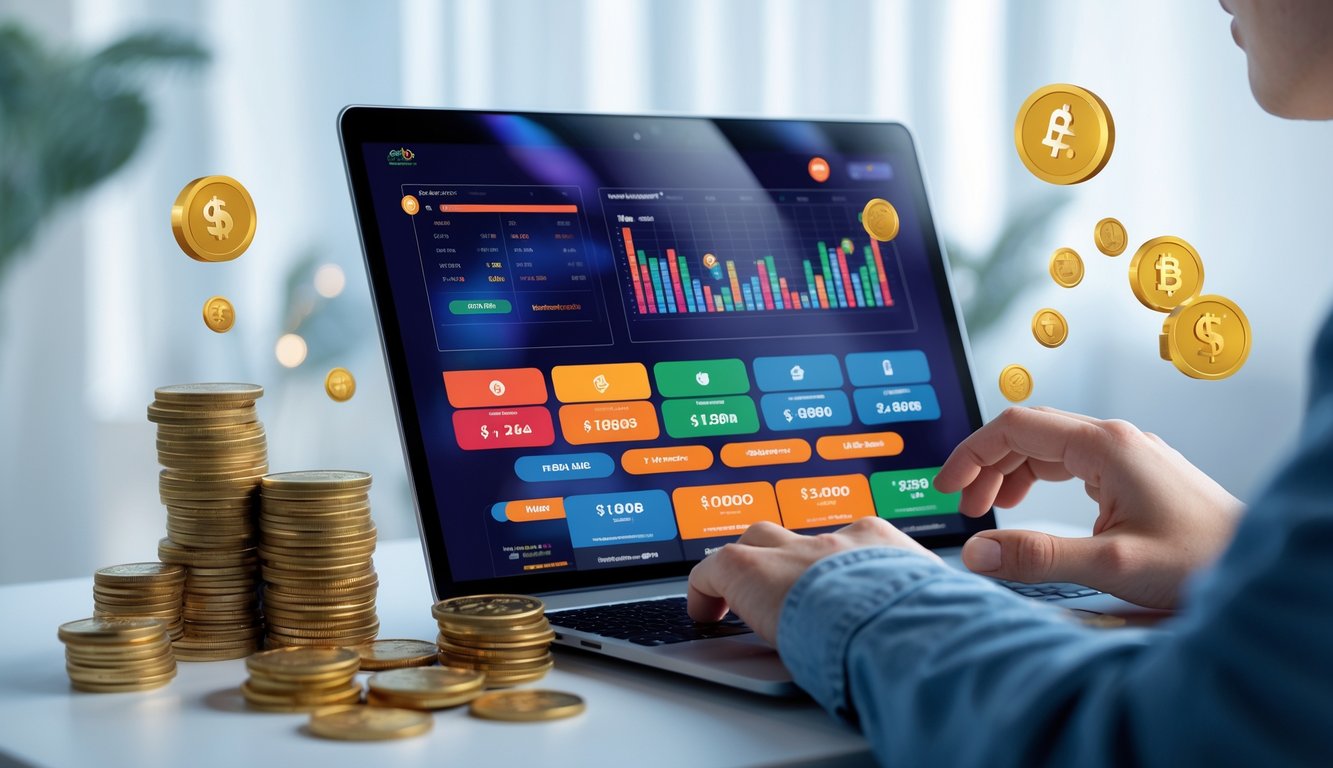 Seorang pengguna berinteraksi dengan komputer yang menampilkan situs togel online dengan simbol uang dan hadiah bonus di sekitarnya.