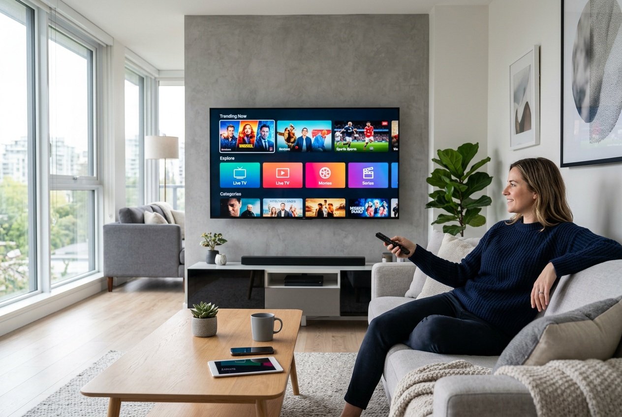 A person holding a remote control in a modern living room with a flat-screen TV displaying a colorful streaming service interface.