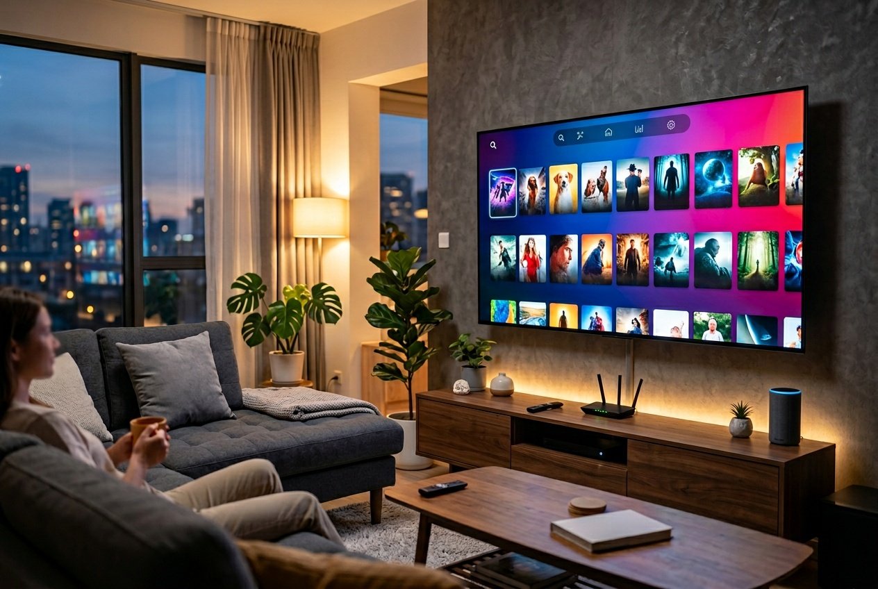 A living room with a large flat-screen TV showing a colorful streaming interface, a sofa, and media devices on a console.