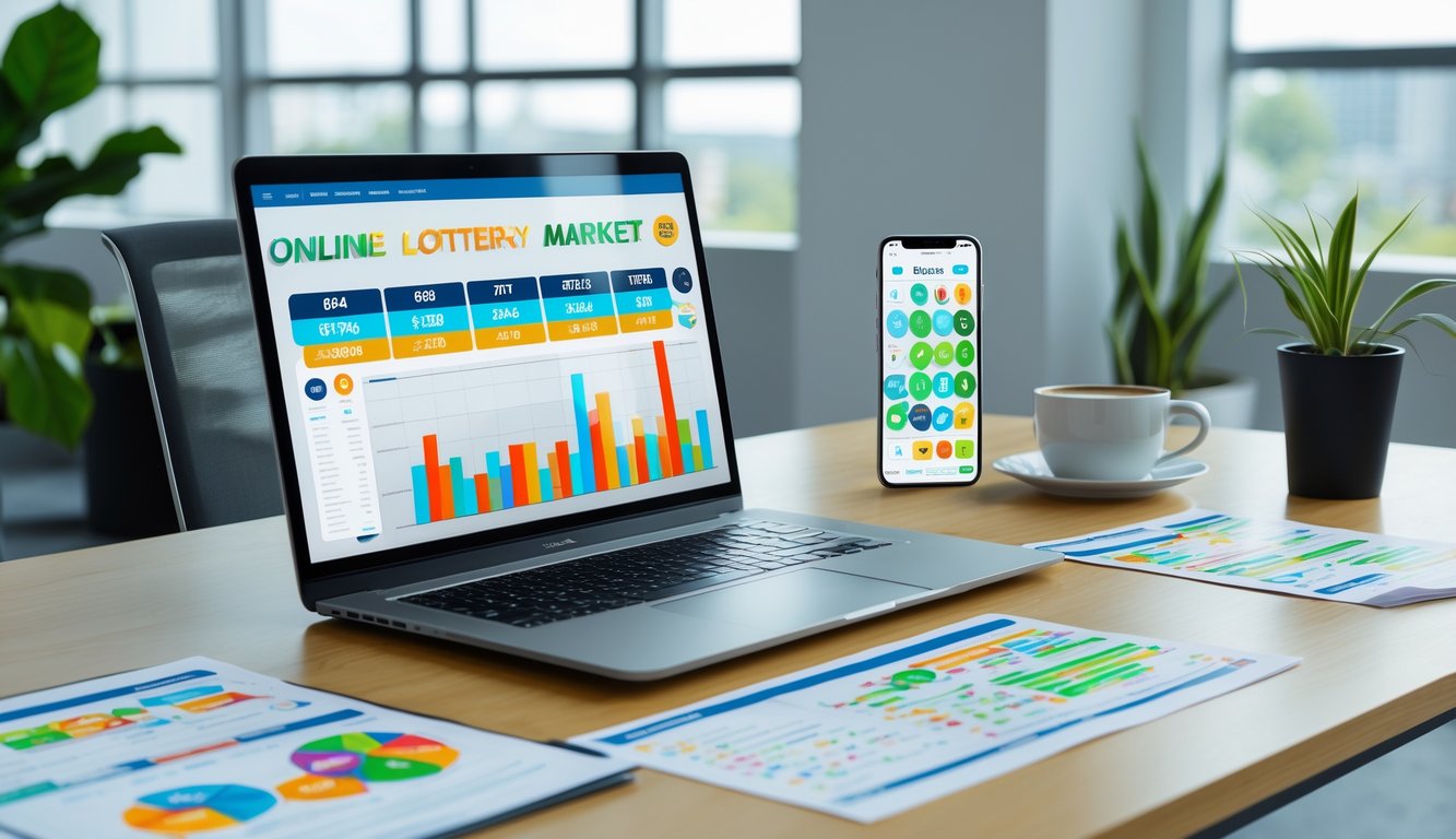 Meja kerja modern dengan laptop, ponsel, dan dokumen yang menampilkan grafik dan angka terkait lotere online di kantor yang terang dan rapi.