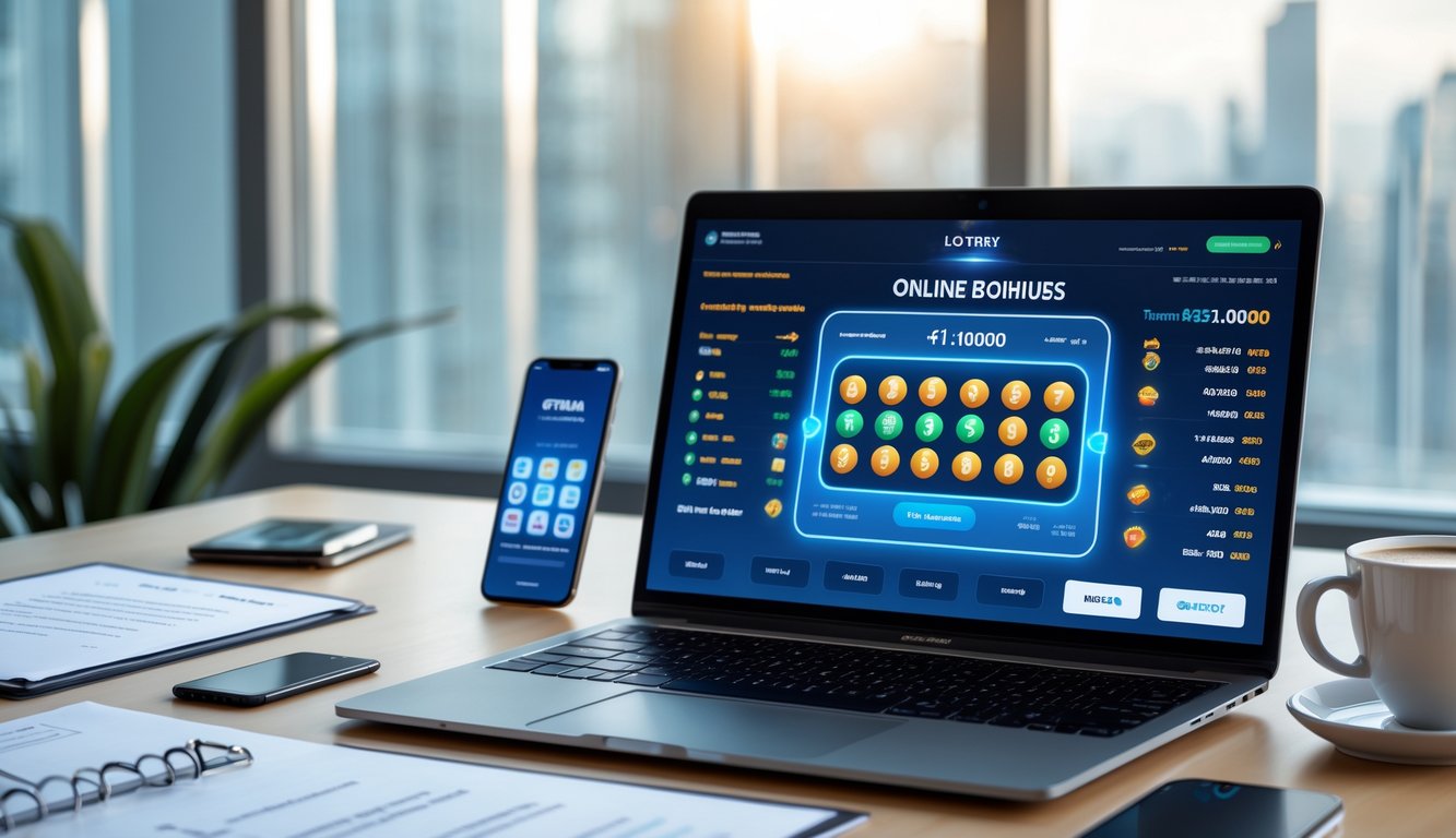 Meja kerja modern dengan laptop, smartphone, dokumen, dan secangkir kopi, menunjukkan suasana permainan togel online.
