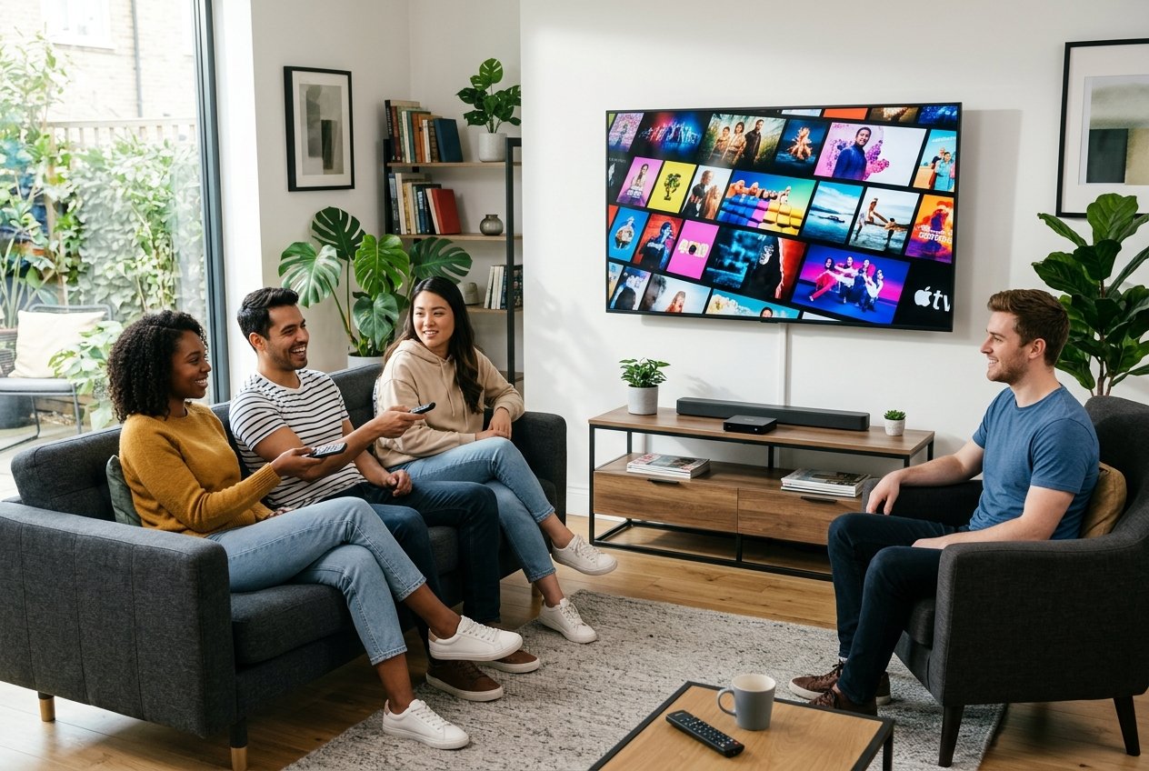 A group of adults watching a large smart TV displaying streaming content in a modern living room.