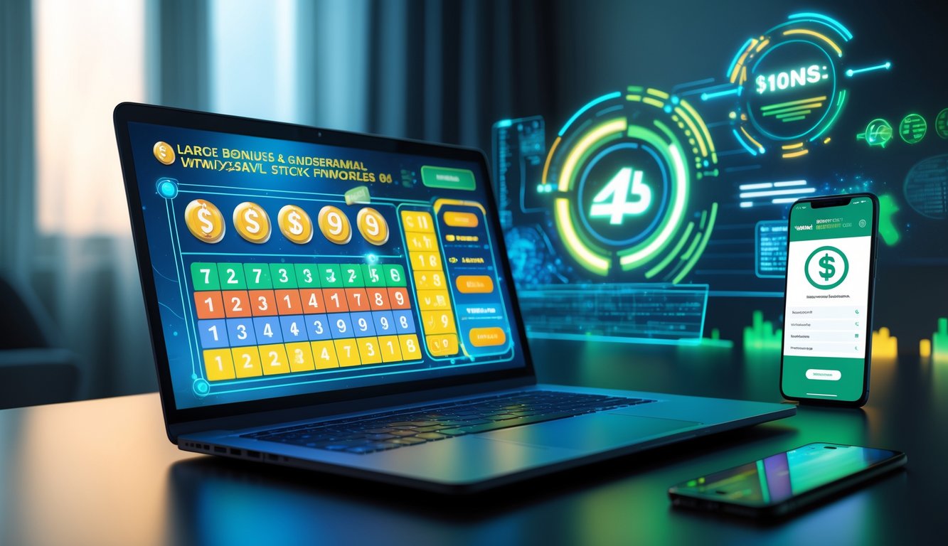 Seorang pengguna sedang menggunakan laptop dan smartphone untuk bermain togel online dengan latar belakang grafik dan simbol keuangan.