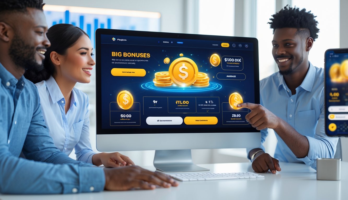 Dua orang muda sedang melihat layar komputer yang menampilkan situs togel online dengan simbol bonus dan proses penarikan cepat.