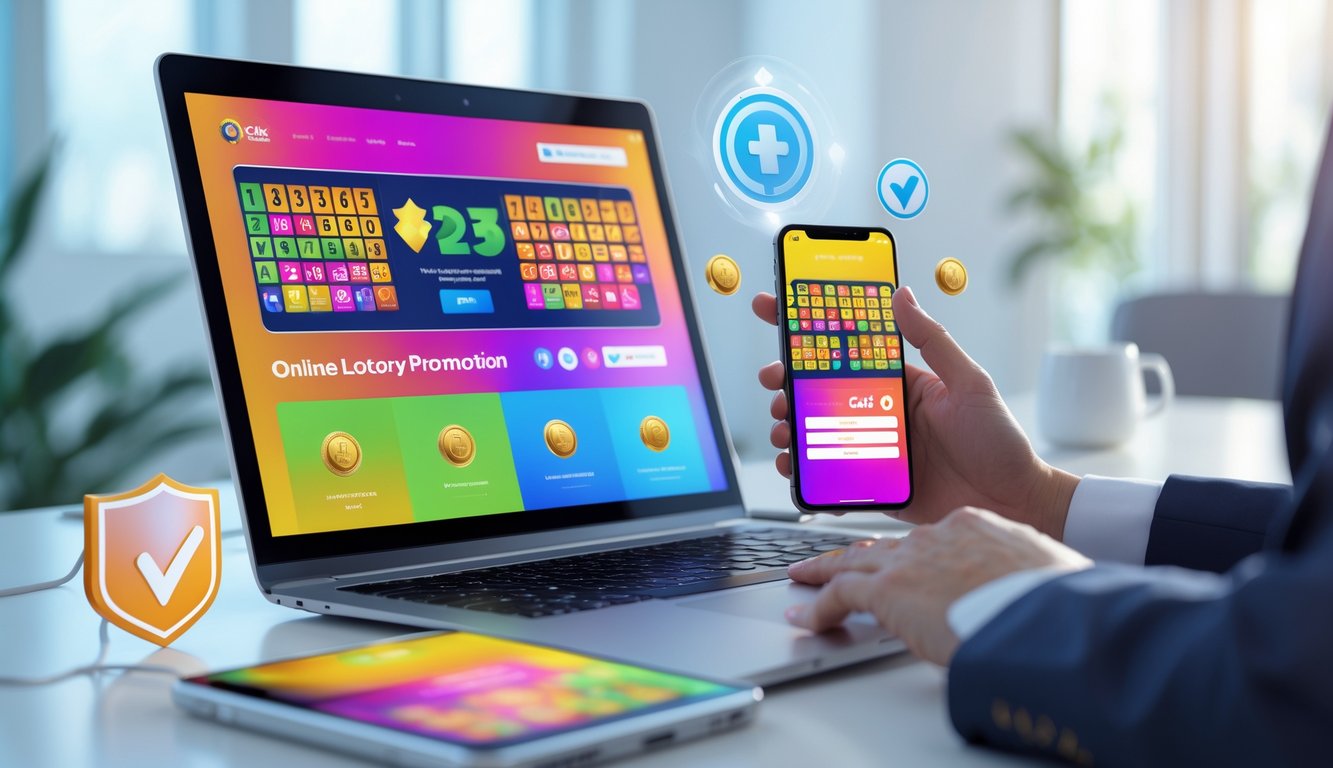 Sebuah ruang kerja modern dengan laptop dan ponsel yang menampilkan antarmuka situs togel online, tangan sedang berinteraksi dengan perangkat tersebut.