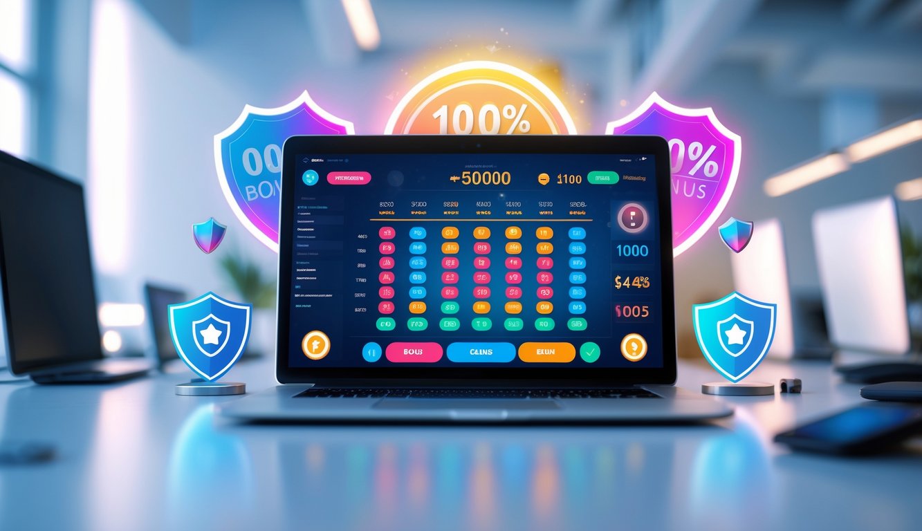 Sebuah laptop atau smartphone menampilkan antarmuka lotere online dengan simbol bonus dan tanda kepercayaan di latar yang terang dan modern.