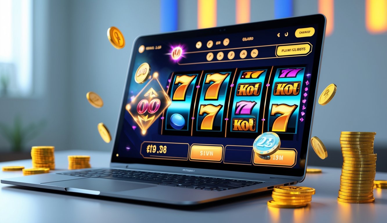 Seorang pemain menggunakan komputer dengan tampilan permainan slot online berwarna-warni dan simbol kemenangan di layar.