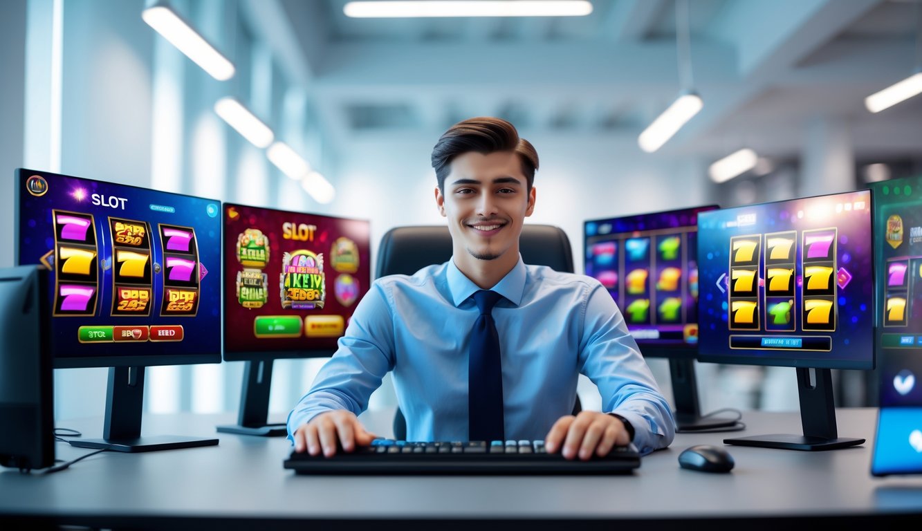 Seorang dewasa muda duduk di depan komputer dengan layar yang menampilkan permainan slot online berwarna-warni dalam ruang kantor modern.