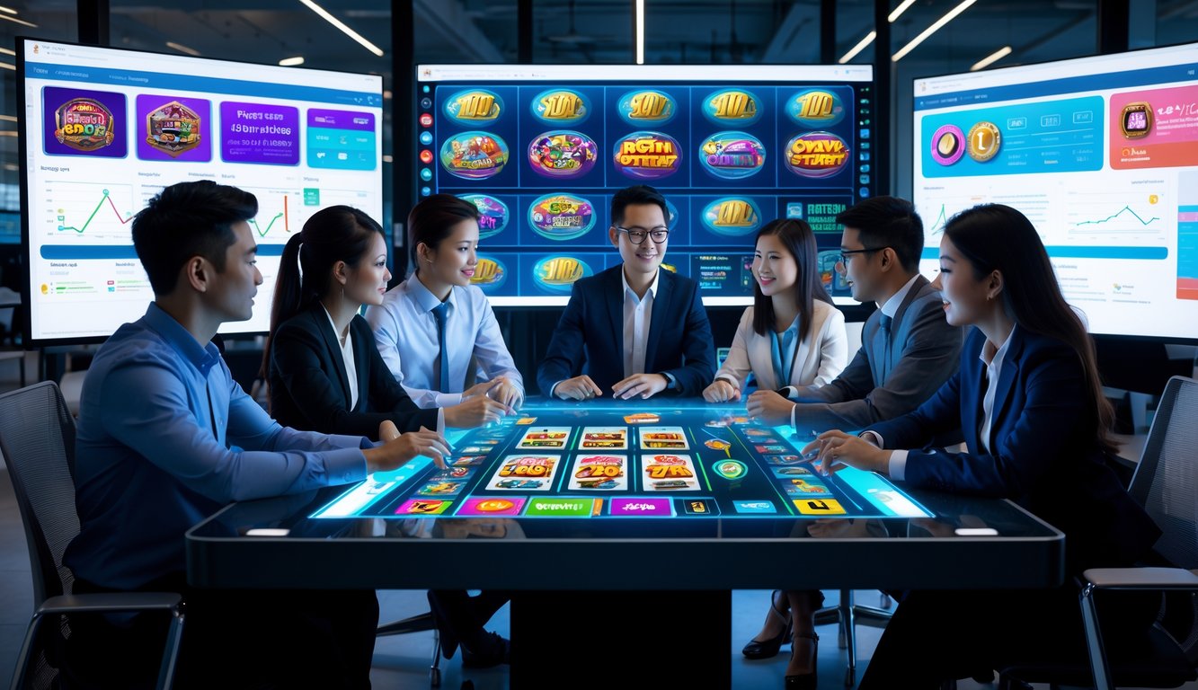 Sekelompok profesional muda sedang berdiskusi di ruang kantor modern dengan layar digital menampilkan grafik permainan slot online.
