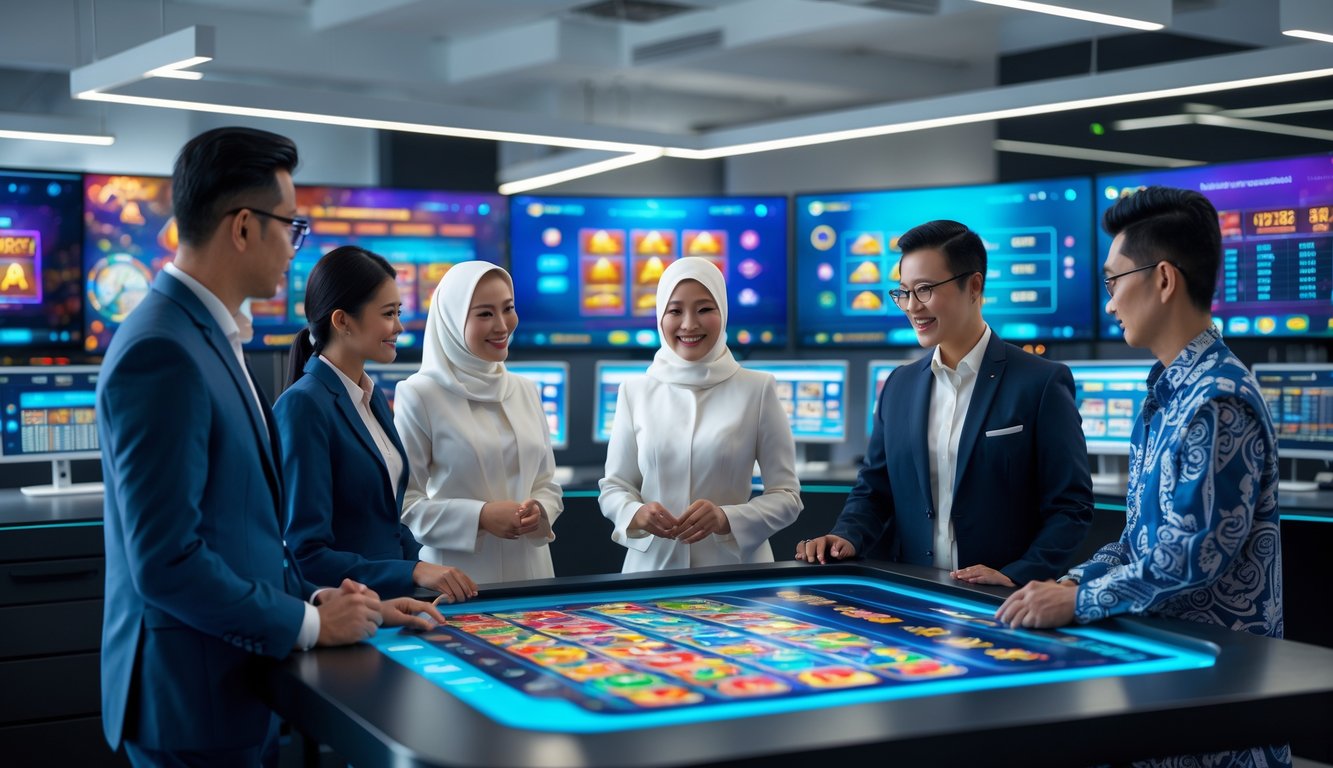 Sekelompok profesional sedang berdiskusi di kantor modern dengan layar digital yang menampilkan permainan slot online dan grafik data.