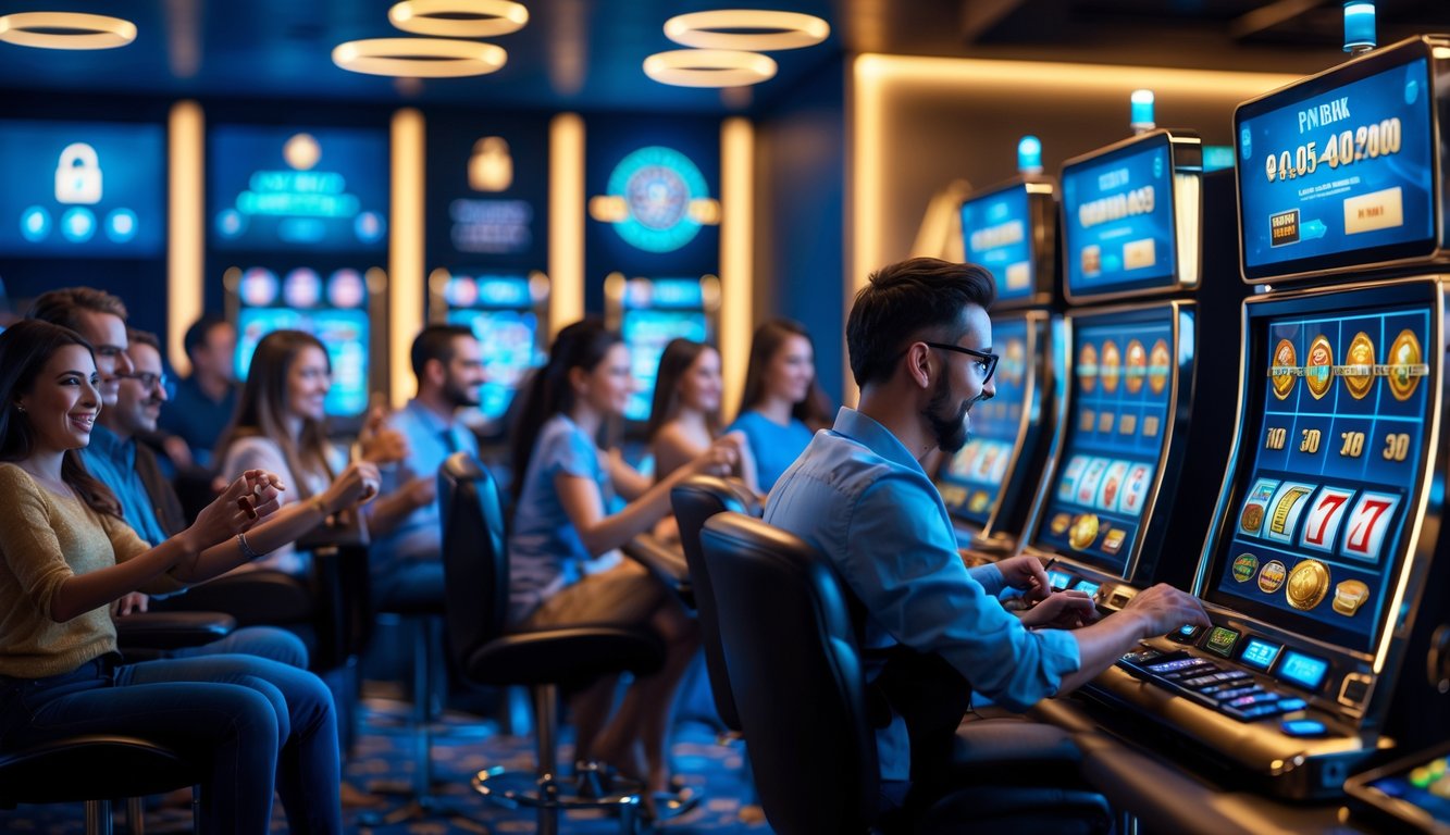 Sekelompok pemain yang sedang bermain mesin slot online di ruang permainan modern dengan suasana profesional dan nyaman.