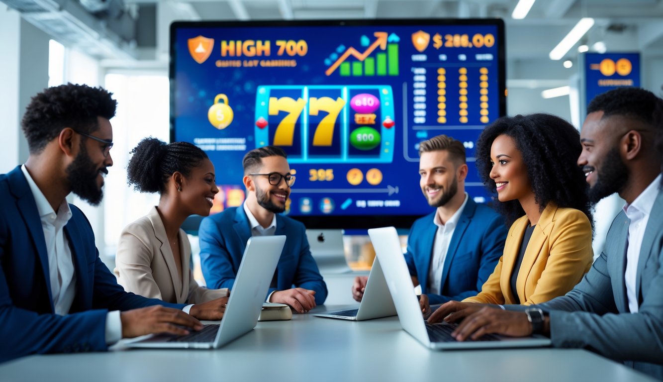 Sekelompok orang bekerja bersama di kantor modern dengan layar digital menampilkan grafik mesin slot dan keamanan transaksi.