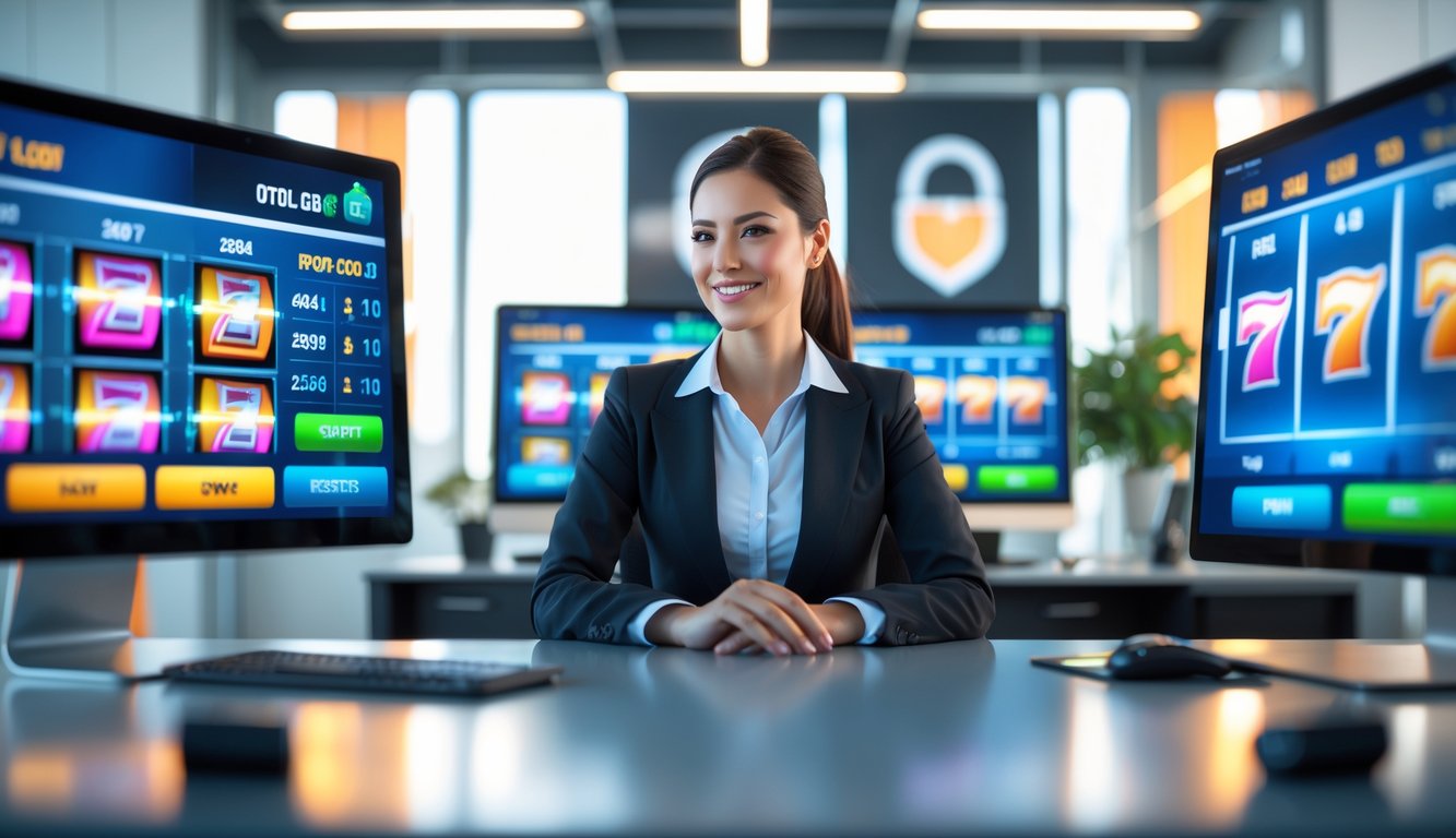 Seorang agen layanan pelanggan duduk di depan komputer dengan tampilan permainan slot online di layar, di kantor modern yang menunjukkan suasana aman dan terpercaya.
