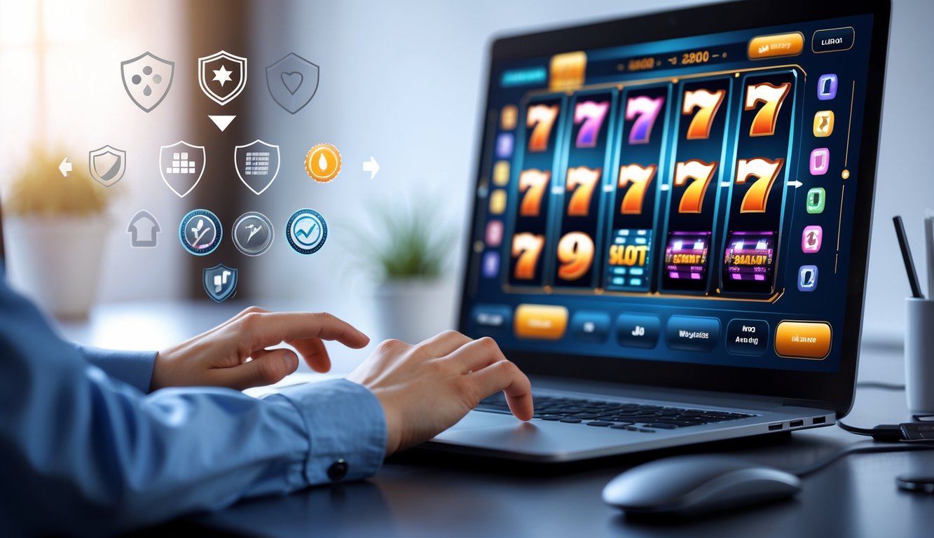 Seseorang menggunakan komputer dengan layar menampilkan permainan mesin slot online dan simbol keamanan di sekitarnya.