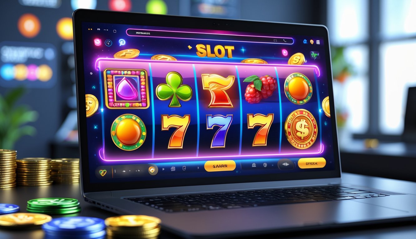 Layar komputer menampilkan permainan slot online dengan simbol warna-warni di ruang kerja modern yang terang dan rapi.