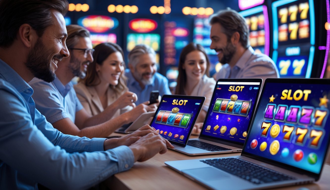 Sekelompok orang menggunakan perangkat digital untuk bermain game slot online dengan latar belakang suasana kasino digital.