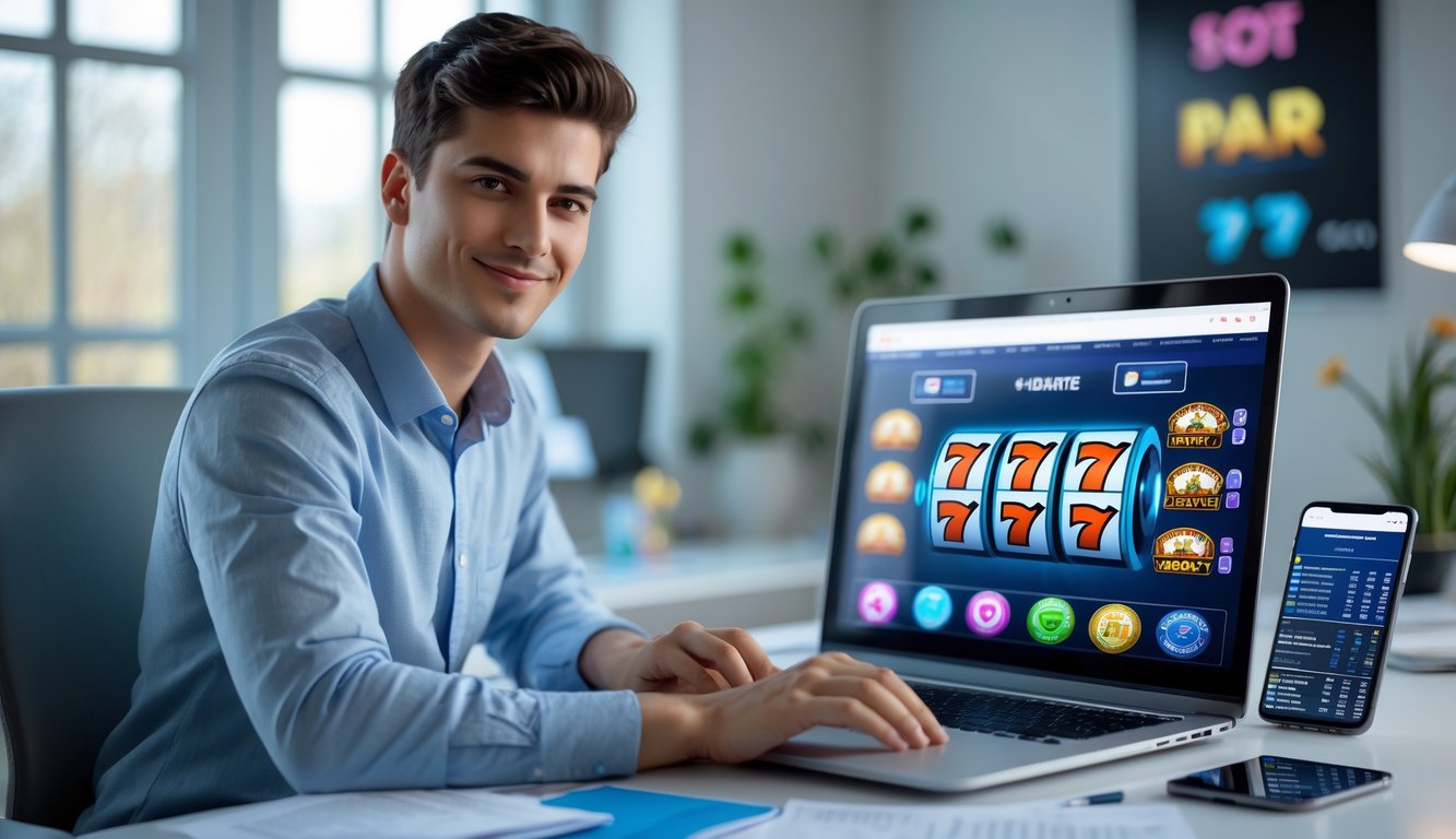 Seorang pria muda duduk di meja dengan laptop yang menampilkan permainan slot online, terlihat fokus dan tenang di ruang kerja yang terang.