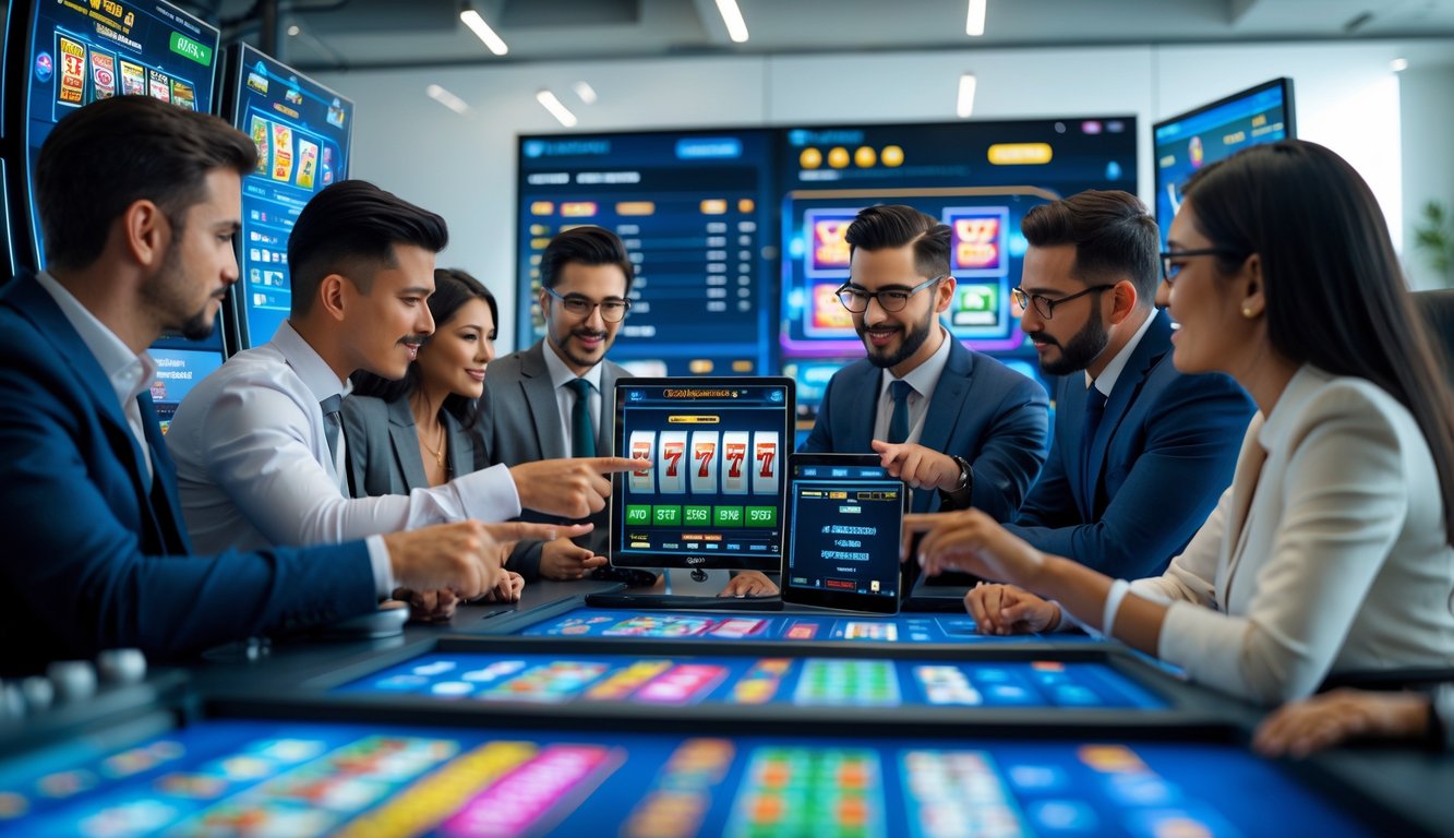 Sekelompok orang sedang berdiskusi di depan layar komputer dengan tampilan permainan slot online di sebuah kantor modern.