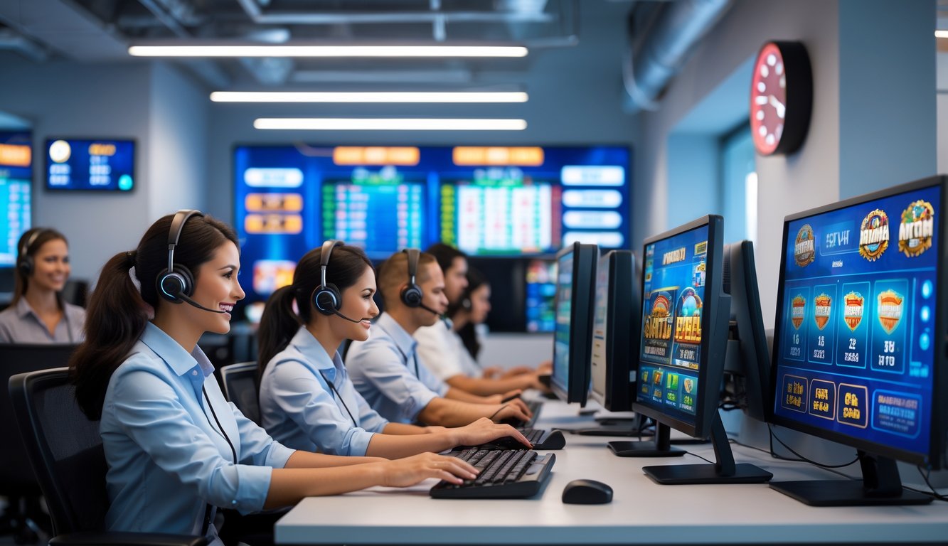 Pusat layanan pelanggan dengan staf yang sedang bekerja menggunakan headset di depan komputer, menampilkan suasana kerja yang profesional dan modern.