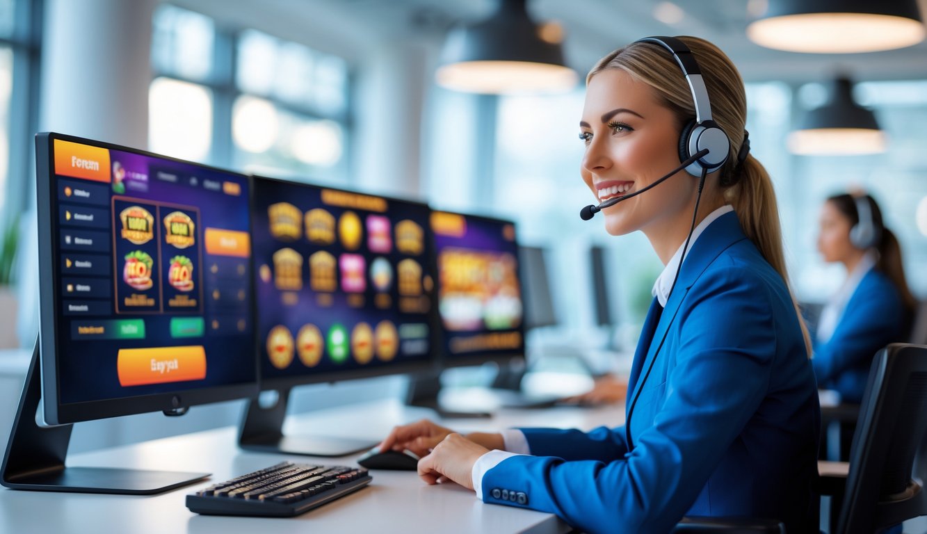 Seorang agen layanan pelanggan sedang bekerja di pusat dukungan dengan beberapa layar komputer yang menampilkan permainan slot online.