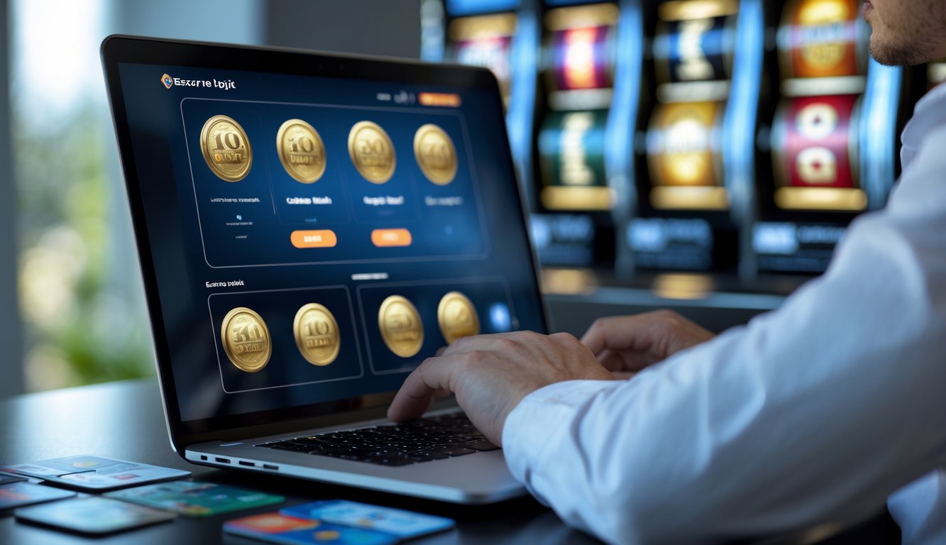 Seseorang menggunakan laptop di meja kerja dengan elemen pembayaran digital dan latar belakang mesin slot kabur.
