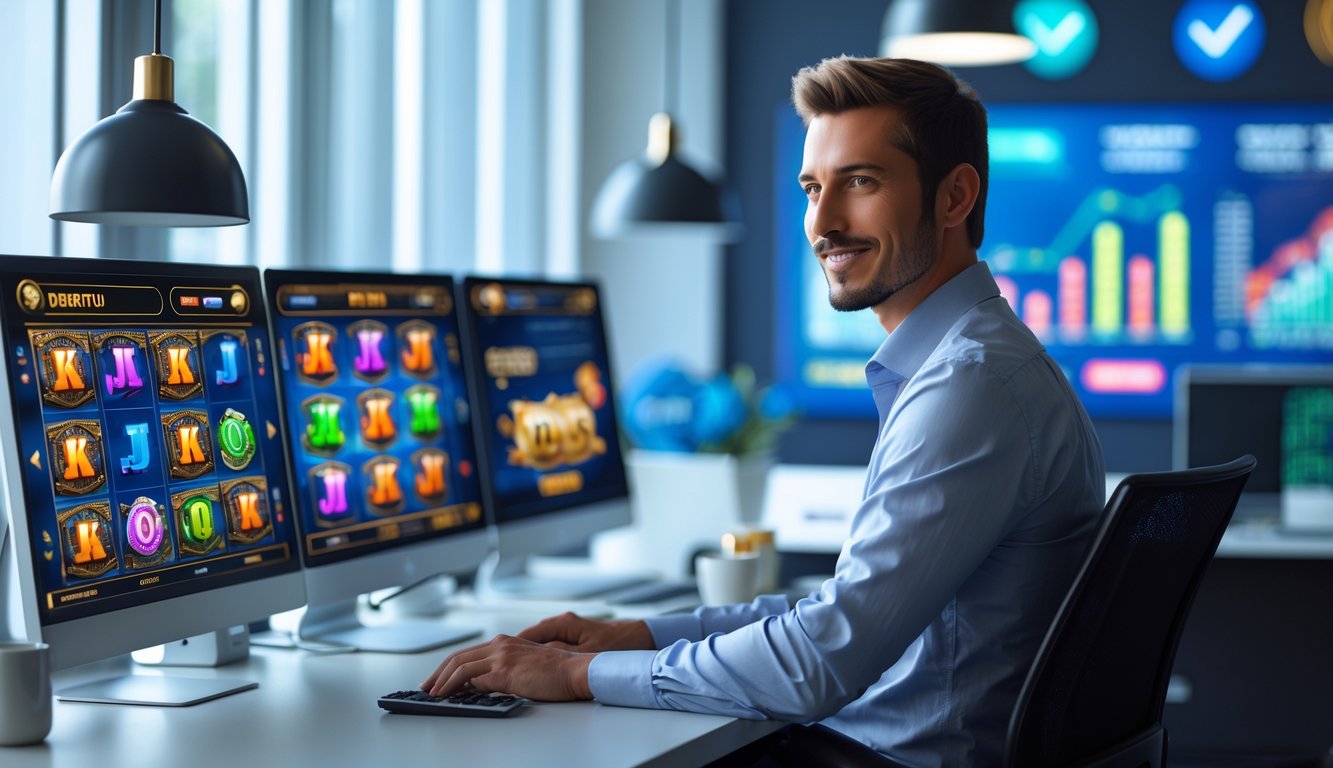 Seorang profesional duduk di meja kerja dengan beberapa layar komputer yang menampilkan permainan slot online dan simbol keamanan di latar belakang.
