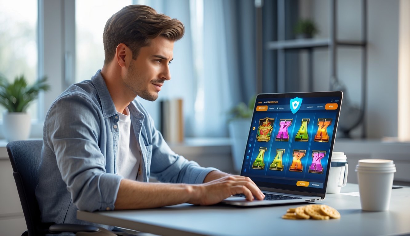 Seorang pria muda duduk di meja dengan laptop yang menampilkan permainan slot online, terlihat fokus dan tenang di ruang kerja yang rapi.