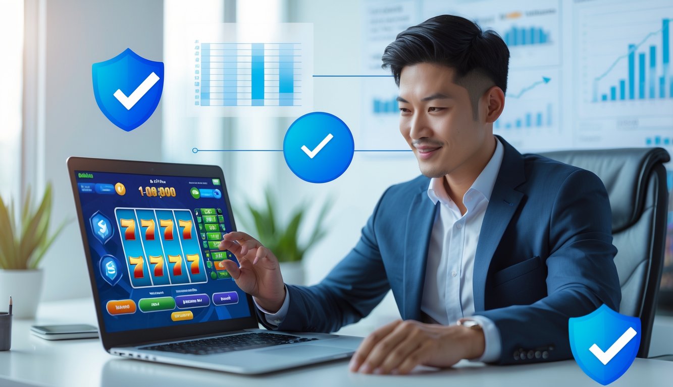 Seorang pria Asia Tenggara duduk di depan laptop dengan tampilan permainan slot online, di ruang kantor modern yang terang dan rapi.