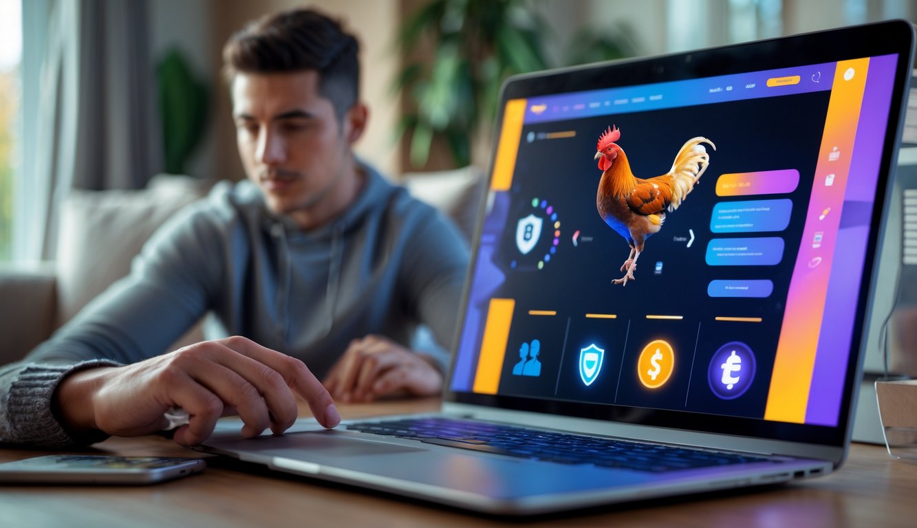 Seseorang menggunakan laptop atau ponsel untuk memasang taruhan sabung ayam online di rumah yang nyaman.