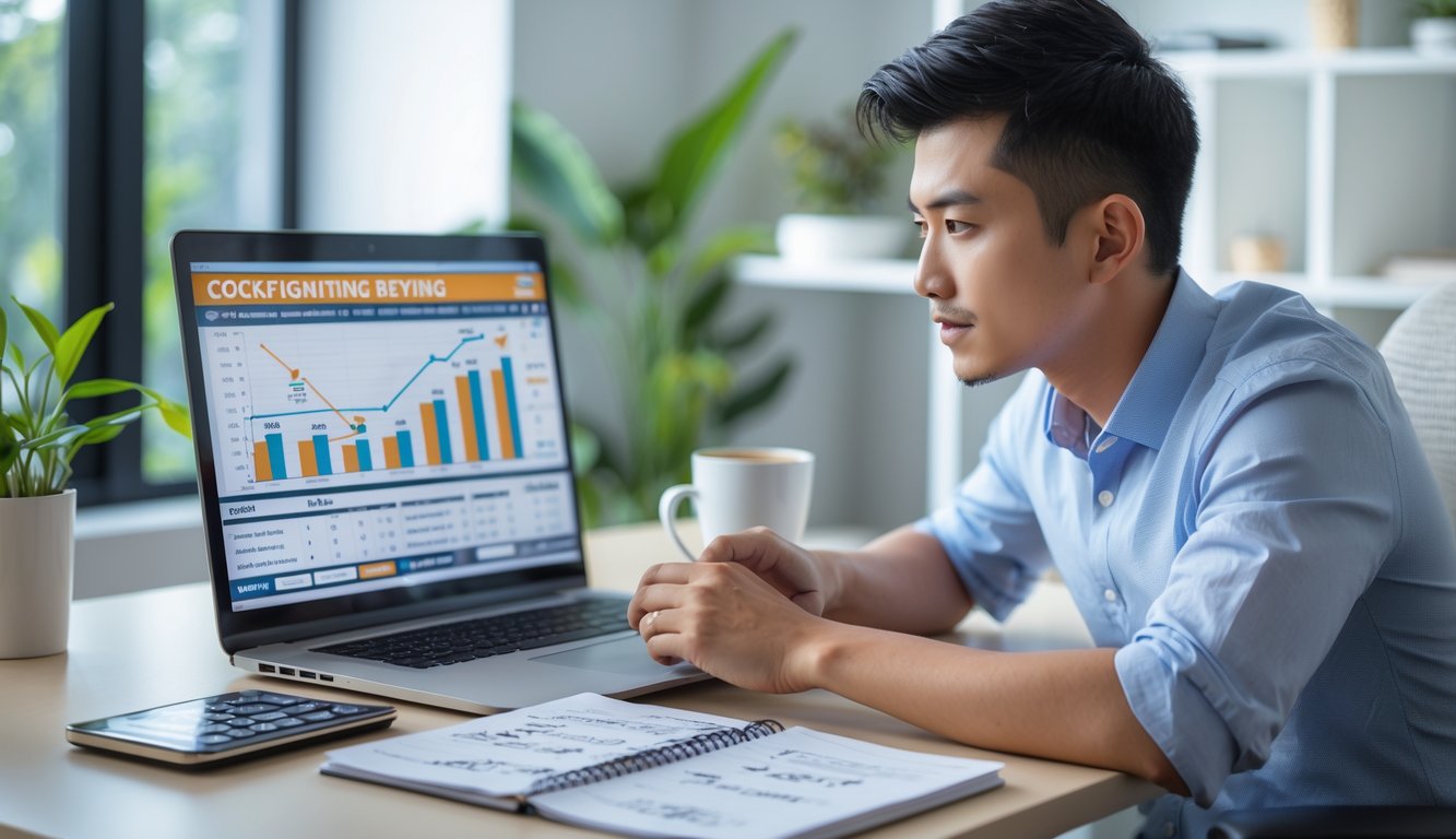 Seorang pria muda duduk di meja dengan laptop, mempelajari strategi sabung ayam dengan suasana ruangan yang terang dan rapi.