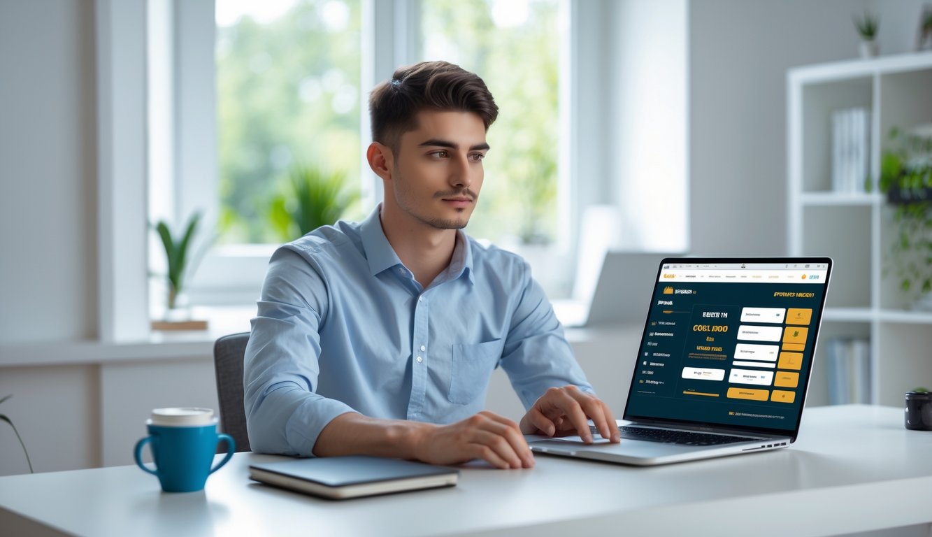 Seorang pria muda duduk di meja dengan laptop terbuka, fokus menggunakan aplikasi taruhan sabung ayam online di ruangan terang dengan jendela dan tanaman di latar belakang.