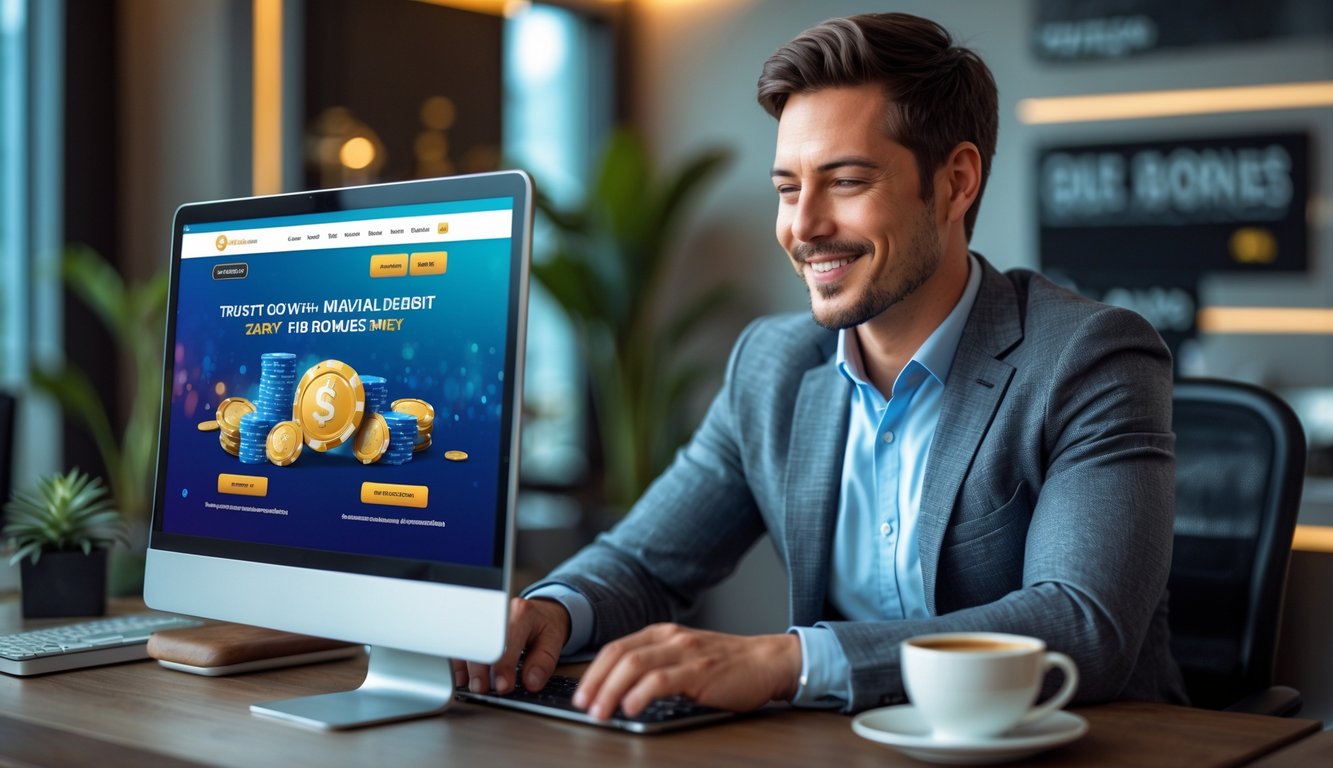 Seorang pria duduk di depan laptop di ruang kerja yang terang, terlihat fokus dan tersenyum sambil menggunakan situs taruhan online.