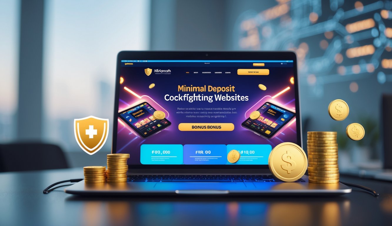 Seorang pria menggunakan laptop di meja kerja dengan latar belakang teknologi digital, menampilkan konsep situs sabung ayam dengan deposit minimal dan bonus besar.