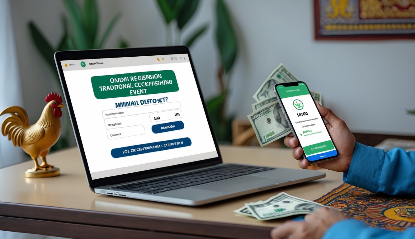 Sebuah meja kerja dengan laptop, ponsel, dan tangan memegang uang rupiah, dengan hiasan ayam jago kecil di latar belakang.