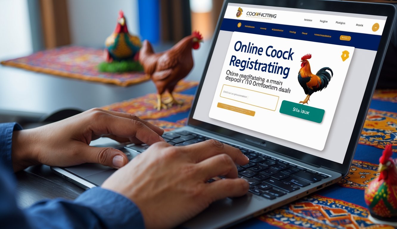 Seseorang sedang menggunakan ponsel untuk mendaftar akun secara online dengan latar belakang elemen budaya Indonesia.